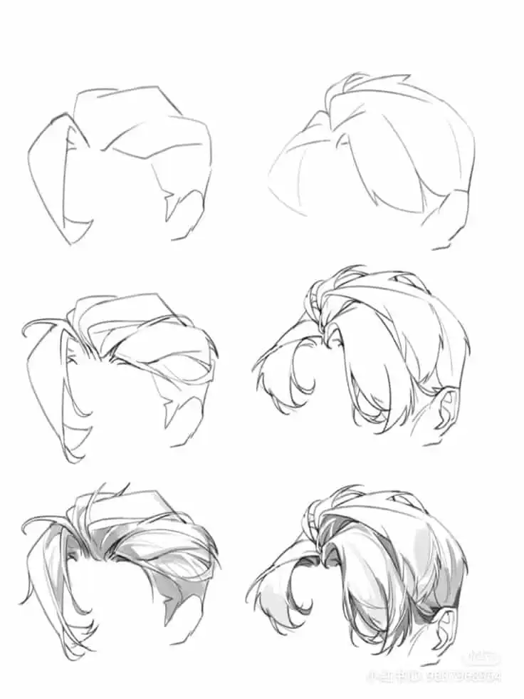 Six sketches showing various male hairstyles from simple outlines to detailed shading, emphasizing different hair textures and flow.