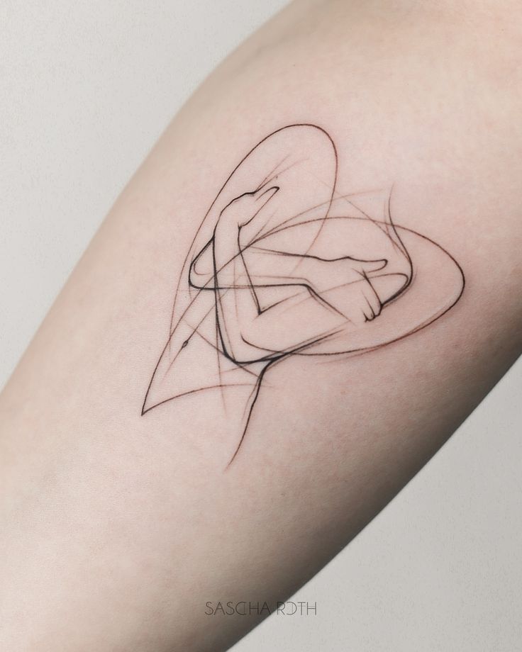 self love tattoo fineline sketch unterarm sascha Minimalist line tattoo of intertwined hands forming a heart on the forearm, showcasing delicate and abstract design. | Sky Rye Design Minimalist line tattoo of intertwined hands forming a heart on the forearm, showcasing delicate and abstract design.