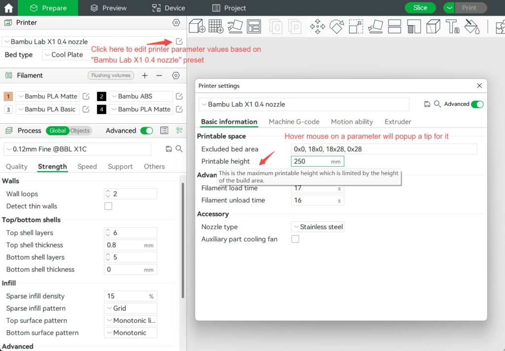 Bambu Lab X1 printer settings interface showing parameters like nozzle type, printable height, and filament options for 3D