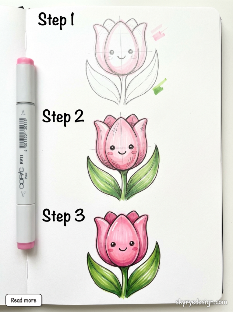 copic-tutorial-1772464468926 Step-by-step drawing tutorial: three stages of a cute pink tulip sketch colored with green leaves and a pink Copic marker. | Sky Rye Design Step-by-step drawing tutorial: three stages of a cute pink tulip sketch colored with green leaves and a pink Copic marker.