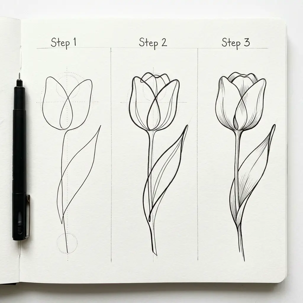 efa120fe-c55f-49ea-b29c-3010010b68e9 Tulip sketch tutorial: three-step black ink pen drawing in a sketchbook showing progressive stages | Sky Rye Design Tulip sketch tutorial: three-step black ink pen drawing in a sketchbook showing progressive stages