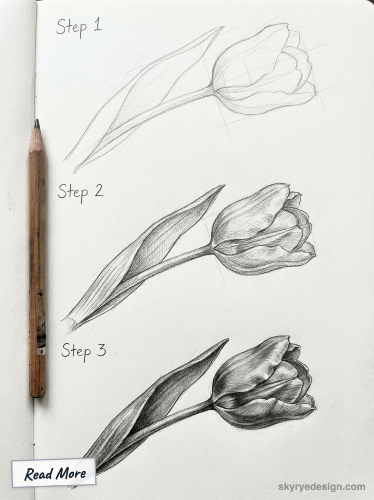 sketch-tutorial - 2026-03-02T175708922 Step-by-step pencil tulip sketch tutorial: three stages from rough outline to detailed, fully shaded botanical drawing | Sky Rye Design Step-by-step pencil tulip sketch tutorial: three stages from rough outline to detailed, fully shaded botanical drawing