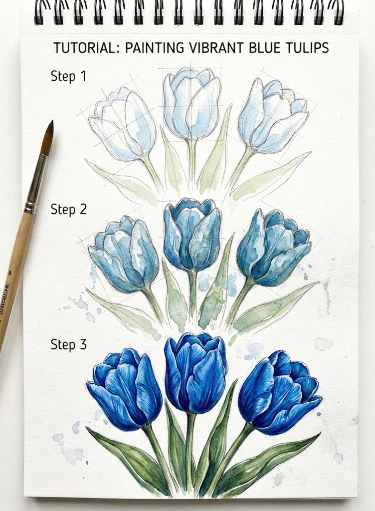 unnamed - 2026-03-02T173036154 Watercolor blue tulips tutorial — sketchbook page showing step 1, 2, 3 painting stages with paintbrush | Sky Rye Design Watercolor blue tulips tutorial — sketchbook page showing step 1, 2, 3 painting stages with paintbrush