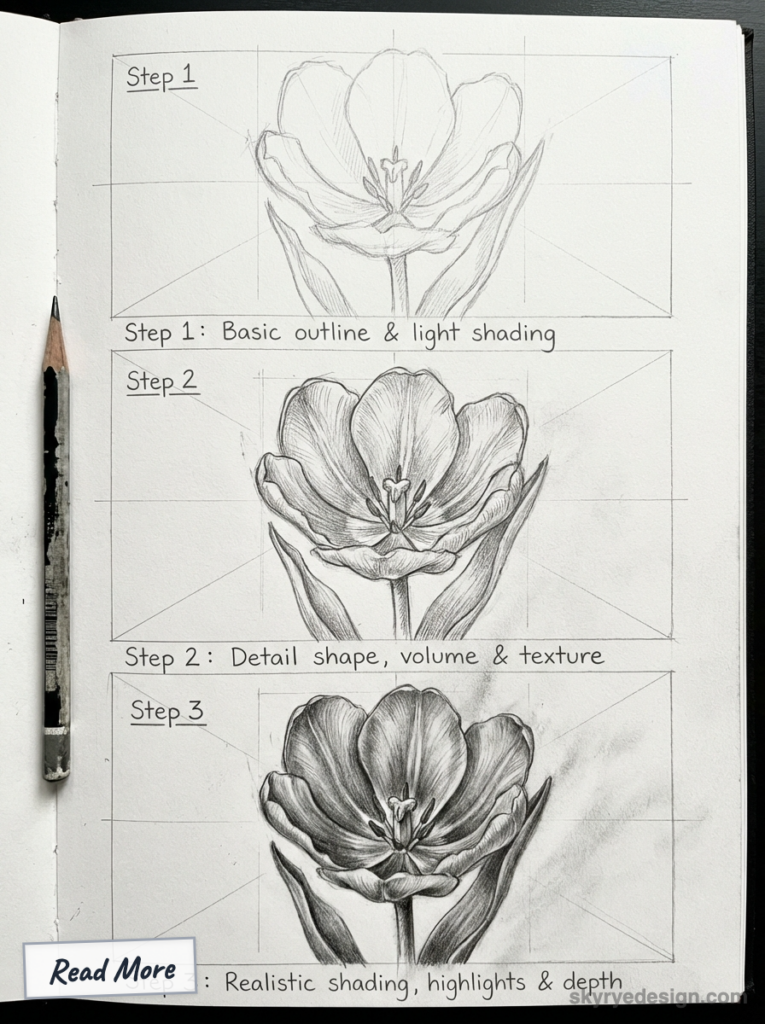 sketch-tutorial - 2026-03-02T182806496 Step-by-step pencil sketch tulip tutorial: basic outline, detailed texture, and realistic shading stages | Sky Rye Design Step-by-step pencil sketch tulip tutorial: basic outline, detailed texture, and realistic shading stages