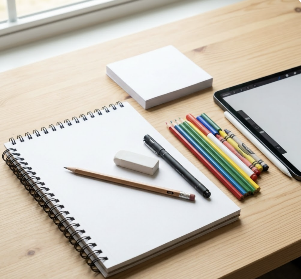 Screenshot 2026-03-02 at 183016 Blank spiral sketchbook with pencil, eraser, colored pencils and tablet on wooden desk — art supplies creative workspace | Sky Rye Design Blank spiral sketchbook with pencil, eraser, colored pencils and tablet on wooden desk — art supplies creative workspace