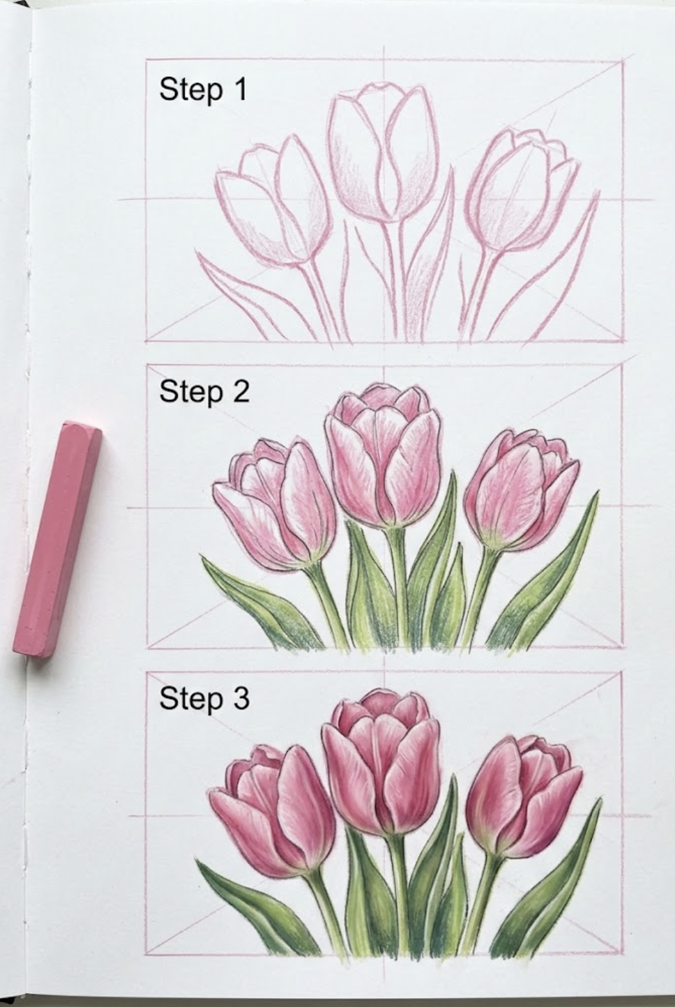 Screenshot 2026-03-02 at 184036 Step-by-step colored pencil tulip tutorial: sketch, base color, and finished pink tulips with green leaves. | Sky Rye Design Step-by-step colored pencil tulip tutorial: sketch, base color, and finished pink tulips with green leaves.