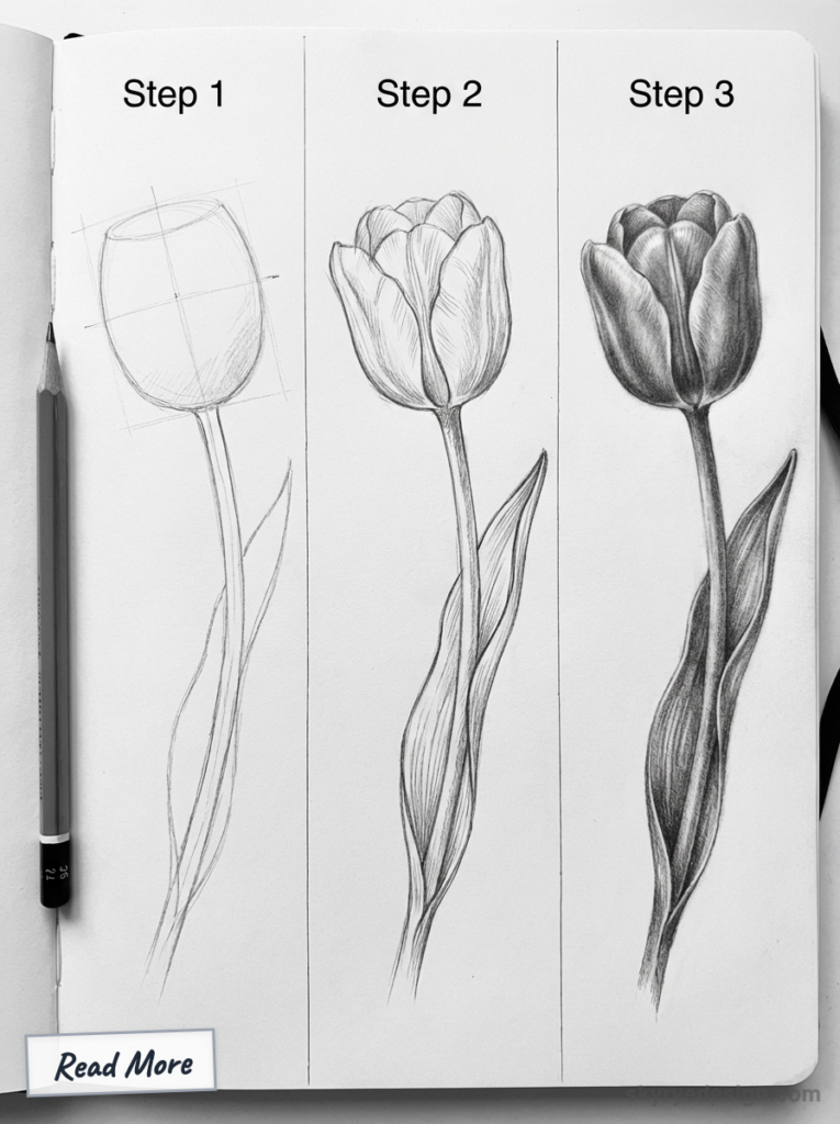 sketch-tutorial - 2026-03-02T171324934 Pencil tulip drawing tutorial: three-step sketches showing outline, petal detail, and final shaded tulip. | Sky Rye Design Pencil tulip drawing tutorial: three-step sketches showing outline, petal detail, and final shaded tulip.
