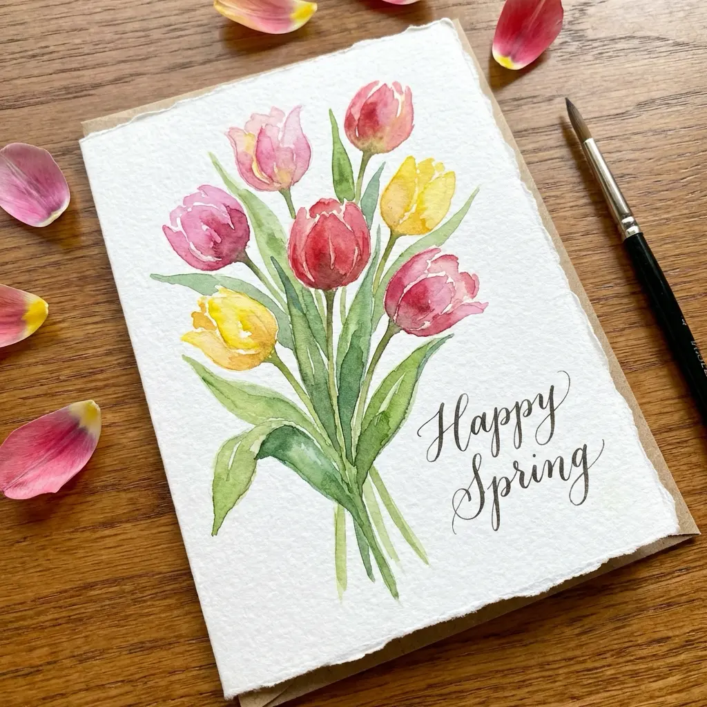 267f7c73-8e59-4f51-bd24-50f2d07052d3 Watercolor tulip bouquet greeting card reading Happy Spring on wooden table with paintbrush and petals | Sky Rye Design Watercolor tulip bouquet greeting card reading Happy Spring on wooden table with paintbrush and petals