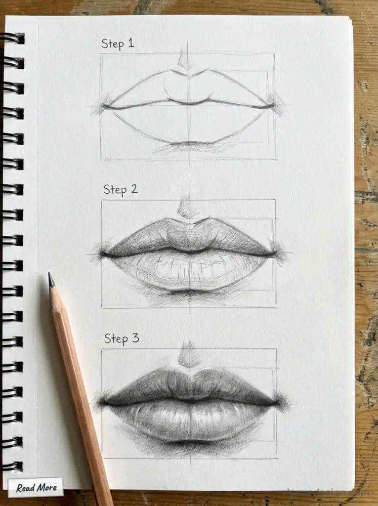 Step-by-step pencil drawing of lips, showing progression from simple outline to detailed shading with pencil on a sketchbook page.