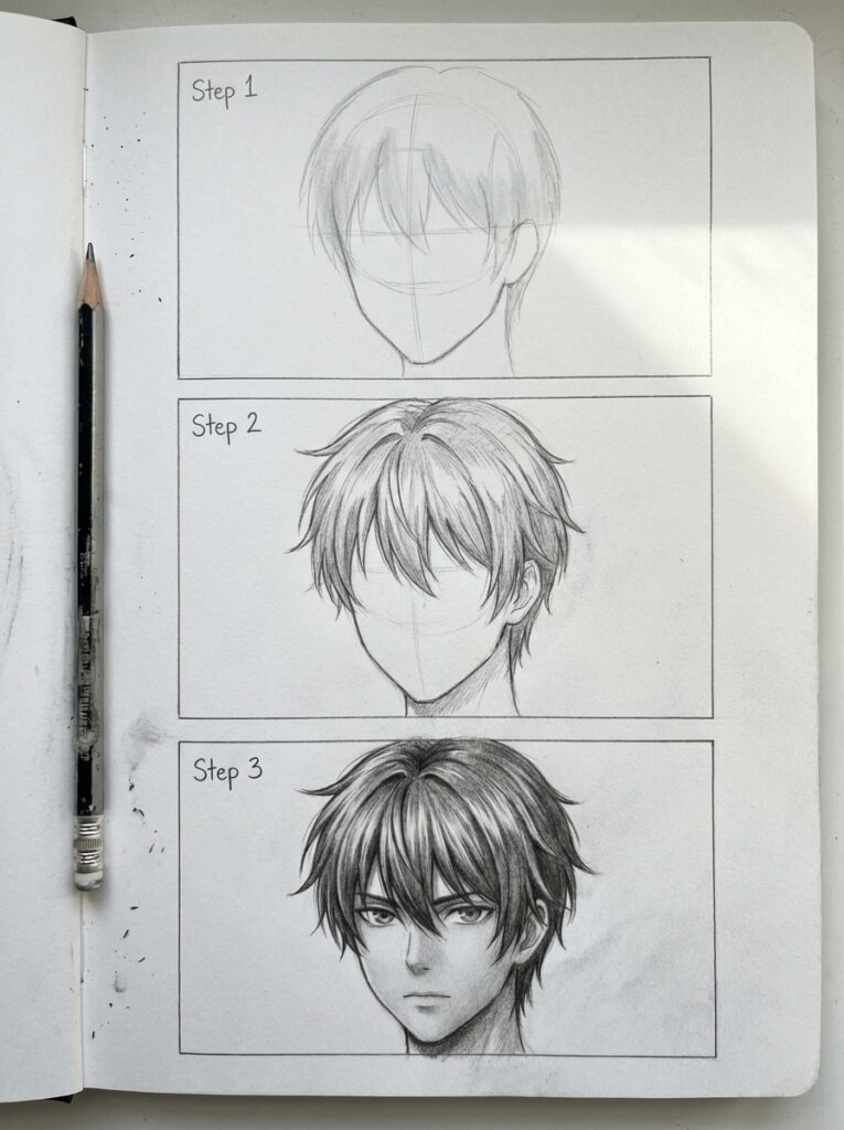 sketch-tutorial 1 Step-by-step manga drawing tutorial: sketching a male character's face from outline to detailed shading with pencil on paper. | Sky Rye Design Step-by-step manga drawing tutorial: sketching a male character's face from outline to detailed shading with pencil on paper.