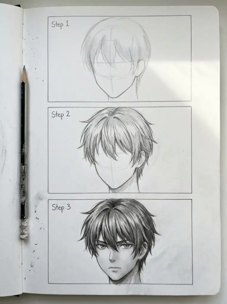 Step-by-step manga drawing tutorial: sketching a male character's face from outline to detailed shading with pencil on paper.
