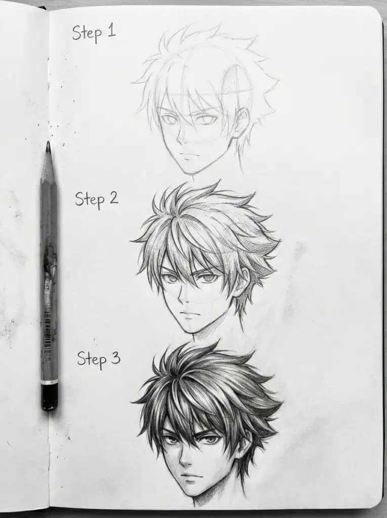 Anime character sketch tutorial with step-by-step progress from outline to detailed shading, featuring three head drawings and a pencil.