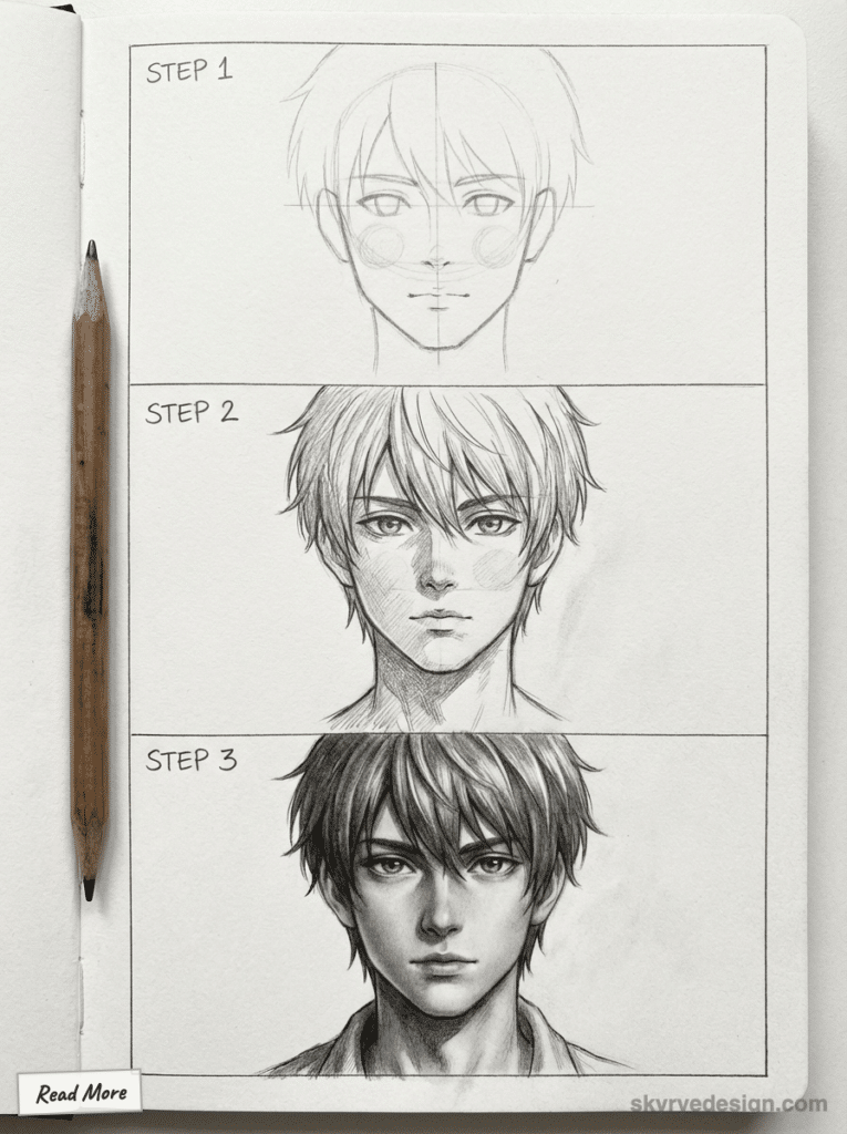 Step-by-step anime drawing tutorial, from basic sketch to detailed shading. Perfect for learning character illustration techniques.