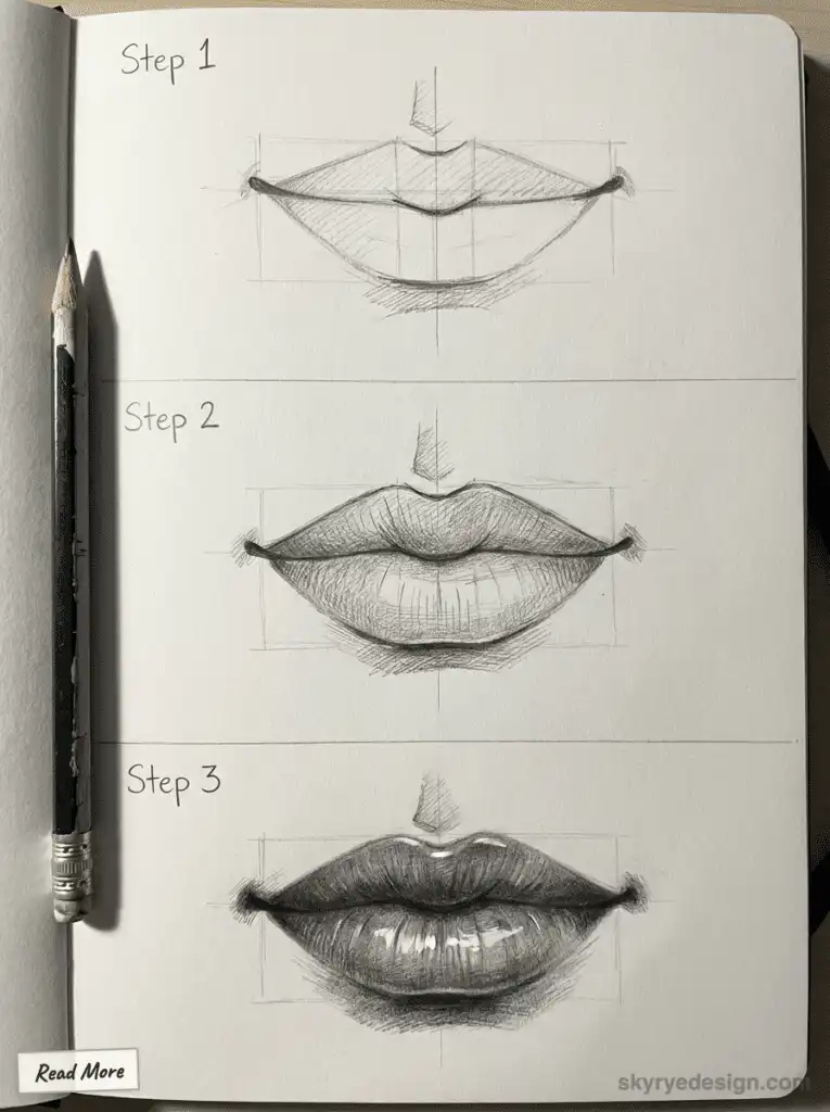 Three-step pencil drawing tutorial on sketching realistic lips, featuring progress from basic outlines to detailed shading.