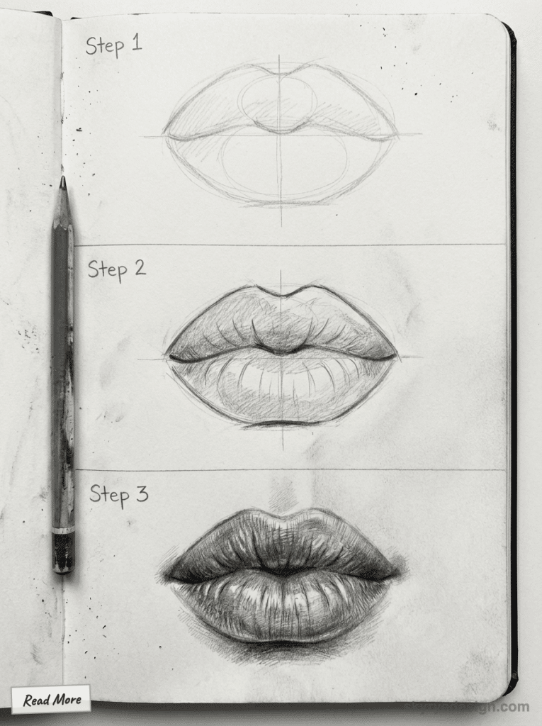 sketch-tutorial - 2026-01-13T191537727 Drawing lips step-by-step: pencil sketches showing three stages from basic outline to detailed shading. Guide for artists. | Sky Rye Design Drawing lips step-by-step: pencil sketches showing three stages from basic outline to detailed shading. Guide for artists.