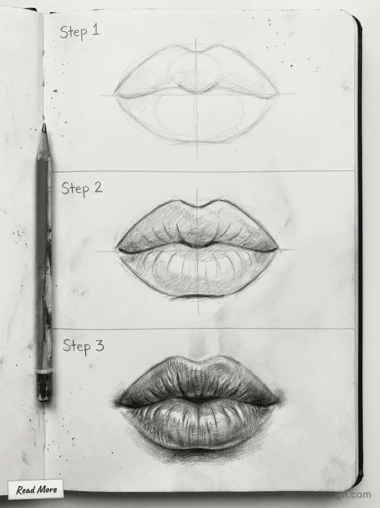 Drawing lips step-by-step: pencil sketches showing three stages from basic outline to detailed shading. Guide for artists.
