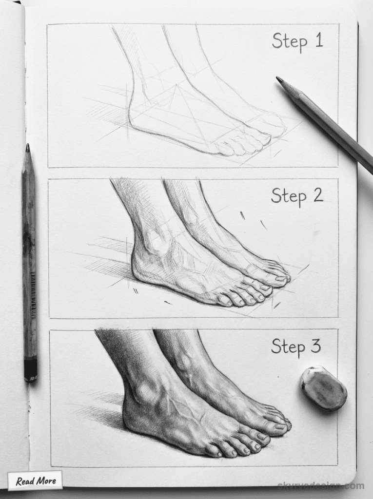 sketch-tutorial - 2026-01-14T193503330 Step-by-step guide to drawing realistic feet, featuring three stages from sketch to detailed art with pencil and eraser. | Sky Rye Design Step-by-step guide to drawing realistic feet, featuring three stages from sketch to detailed art with pencil and eraser.