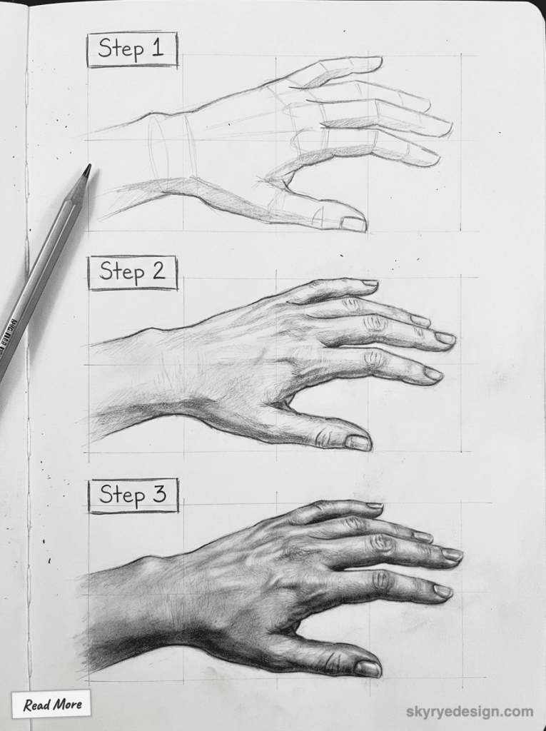 sketch-tutorial - 2026-01-14T195130595 Step-by-step pencil drawing guide of a hand, showing progression from sketch to detailed illustration. Ideal for art tutorials. | Sky Rye Design Step-by-step pencil drawing guide of a hand, showing progression from sketch to detailed illustration. Ideal for art tutorials.