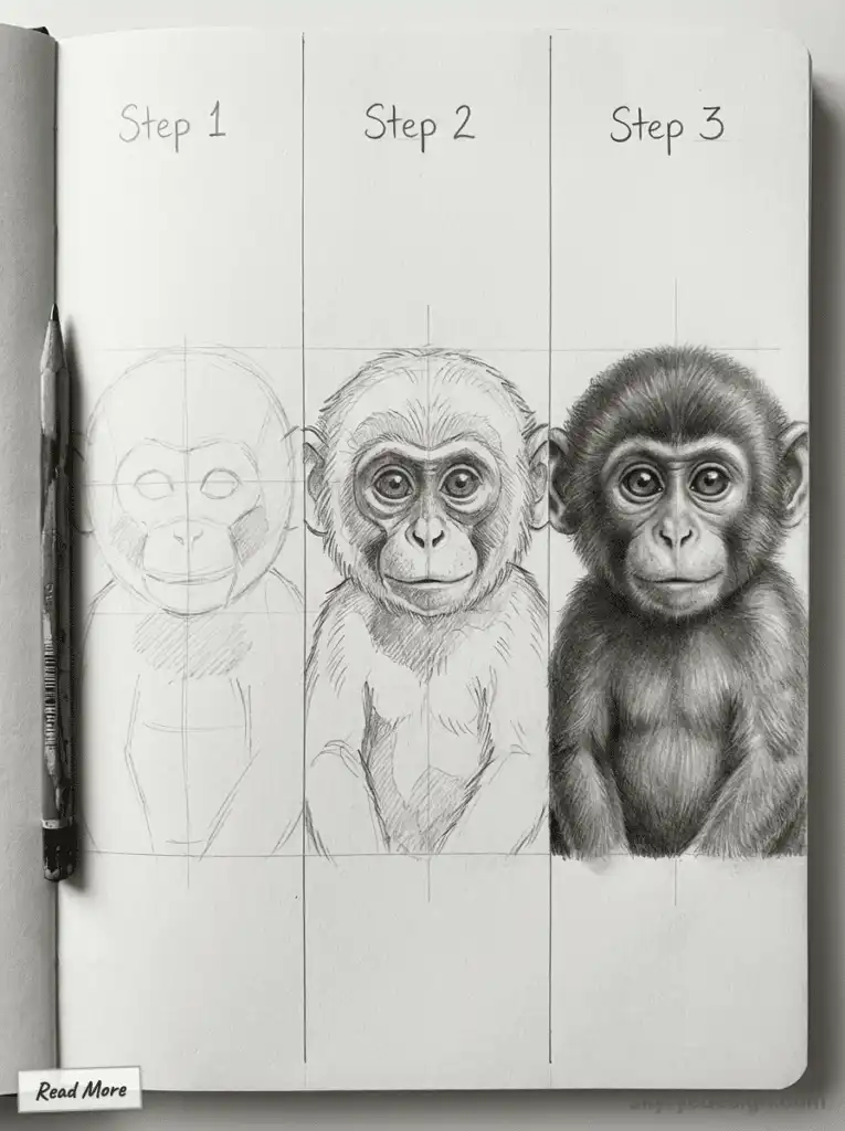 Step-by-step drawing tutorial of a baby monkey in three stages with a pencil on paper. Art progression from sketch to