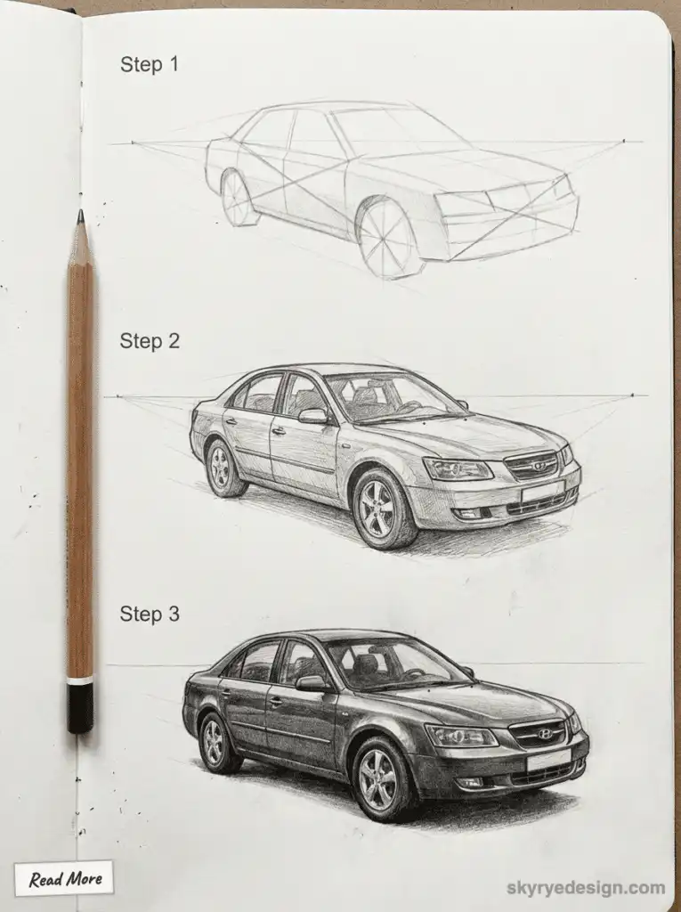 Step-by-step pencil sketch of a car, showing progression from basic outlines to detailed shading, with a pencil illustration