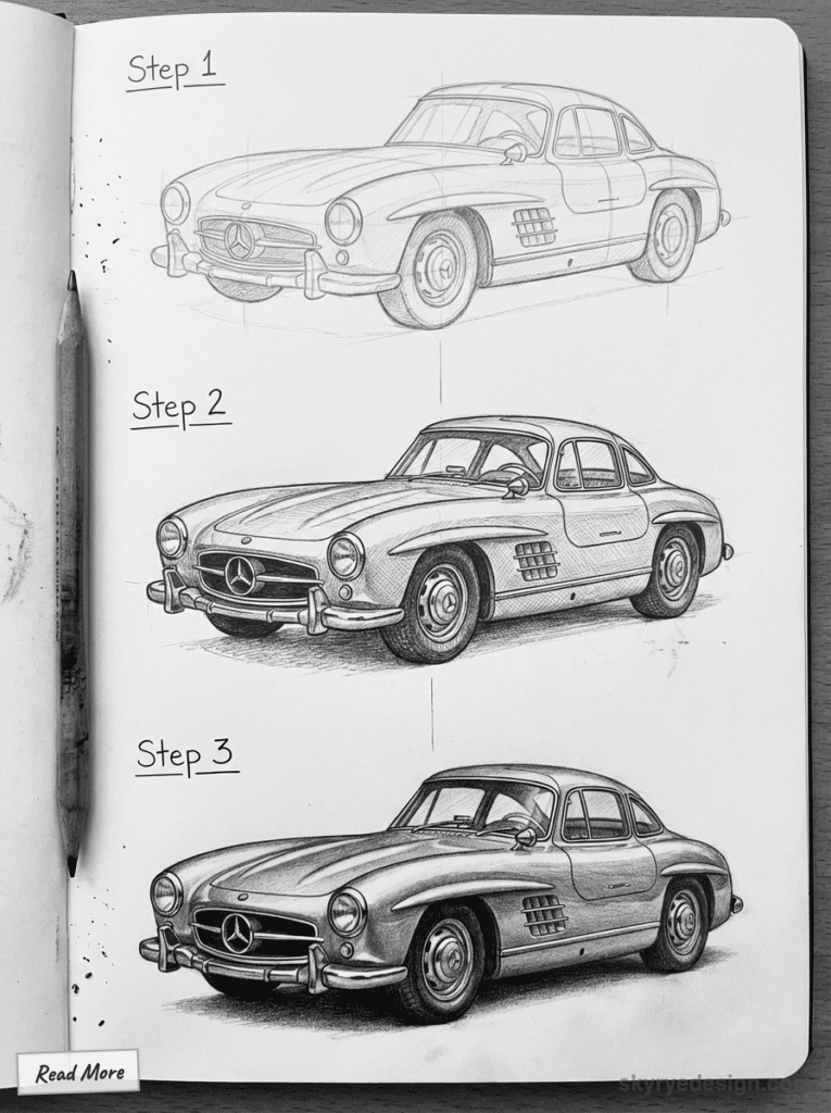 Step-by-step car sketch progression in pencil, showcasing artistic development from outline to detailed shading.
