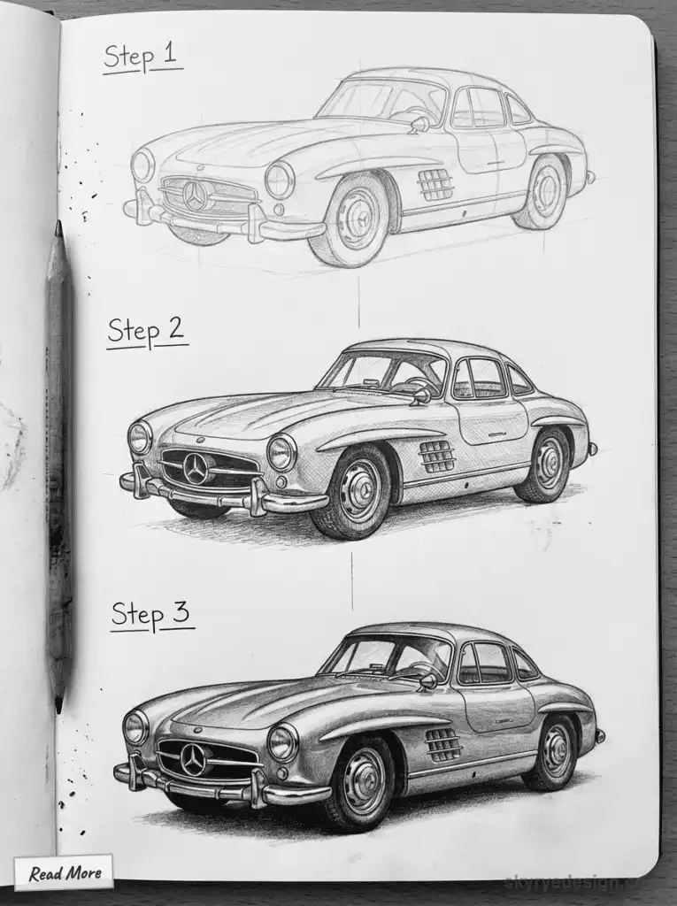 Step-by-step car sketch progression in pencil, showcasing artistic development from outline to detailed shading.