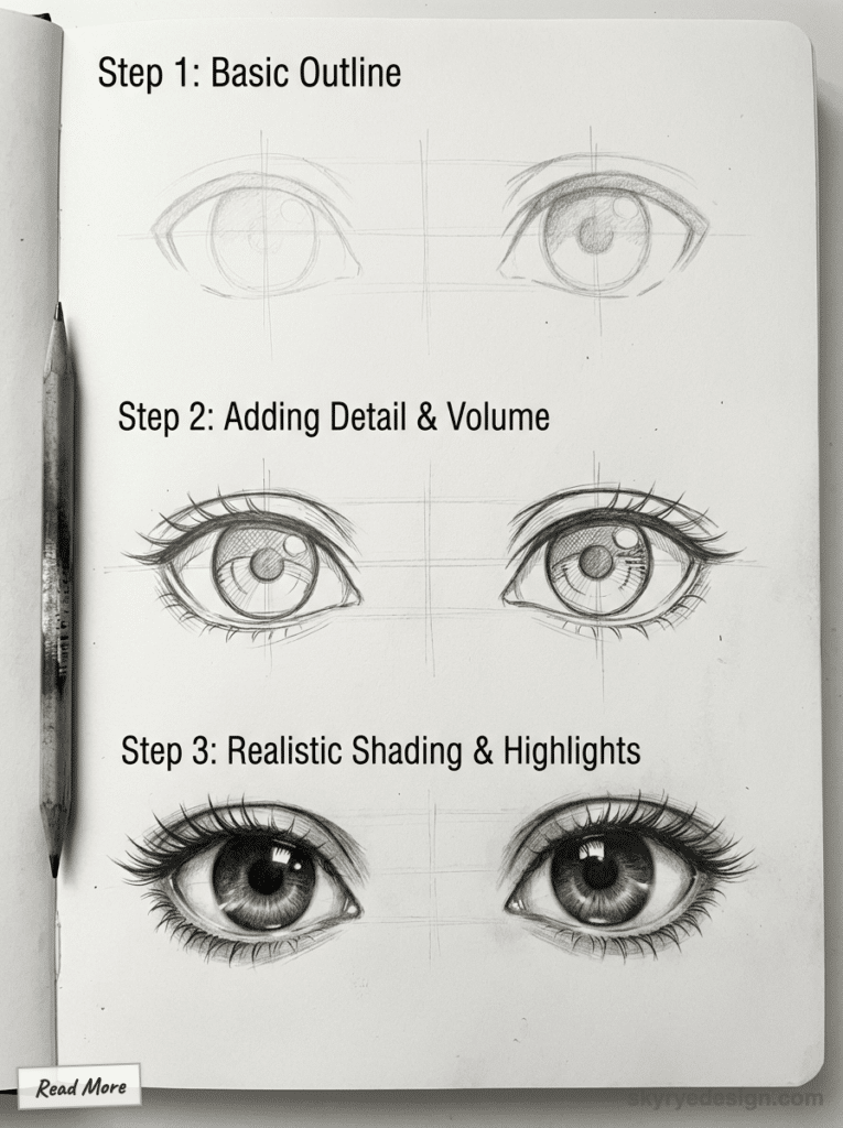 sketch-tutorial - 2026-01-20T164314903 Step-by-step pencil drawing of eyes, from basic outline to detailed shading and highlights, showing artistic progression. | Sky Rye Design Step-by-step pencil drawing of eyes, from basic outline to detailed shading and highlights, showing artistic progression.