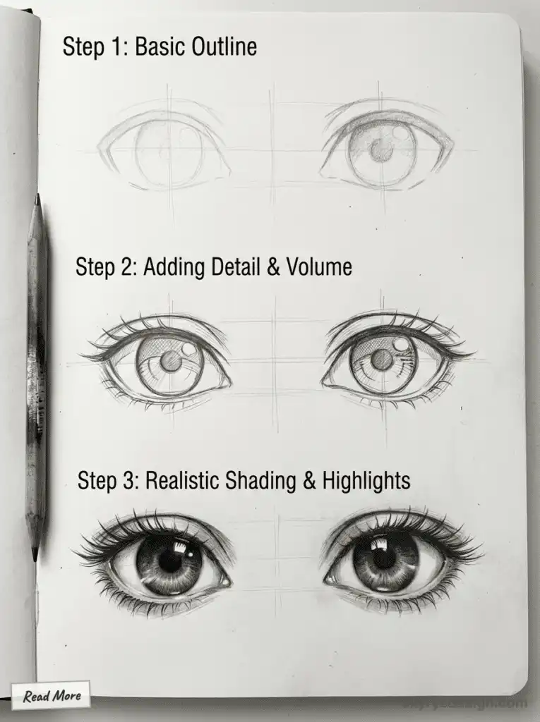 Step-by-step pencil drawing of eyes, from basic outline to detailed shading and highlights, showing artistic progression.