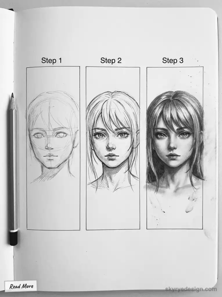 Step-by-step manga face drawing tutorial with pencil sketch, line art, and shading techniques shown in three progressive How To Draw Anime Head