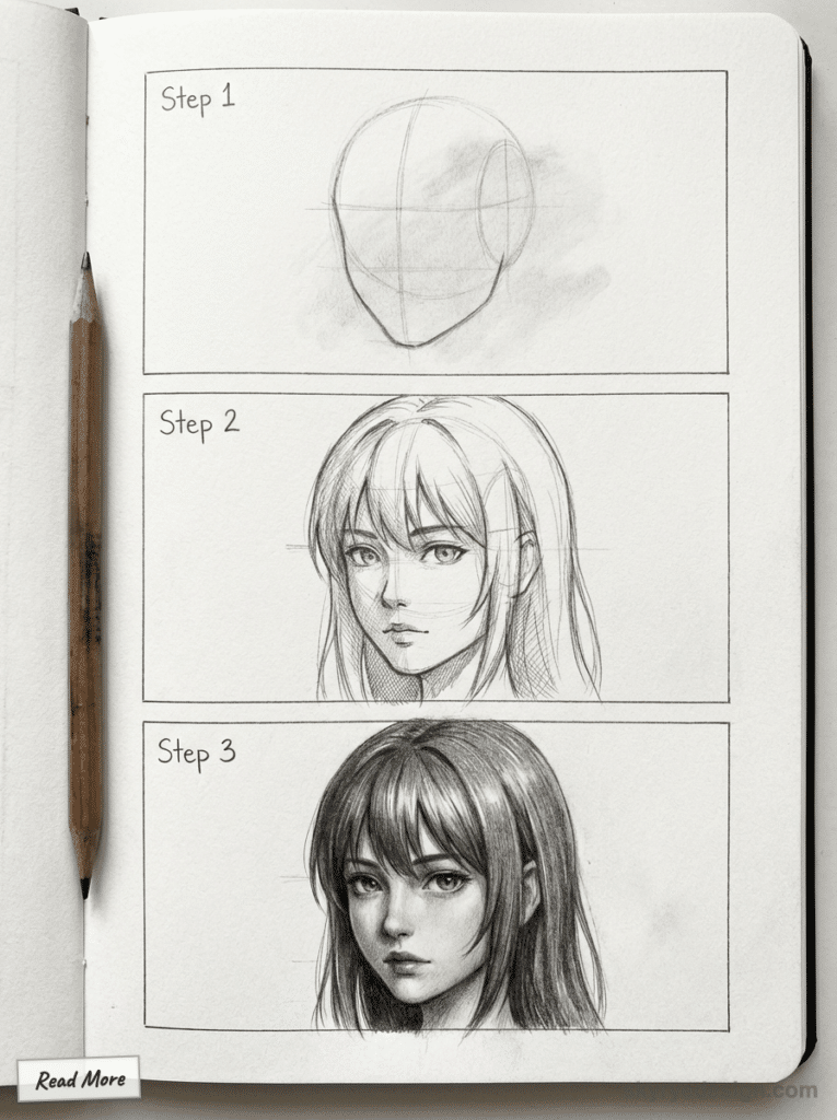 Drawing tutorial in sketchbook: Step-by-step guide for drawing a female face from basic outline to detailed shading.