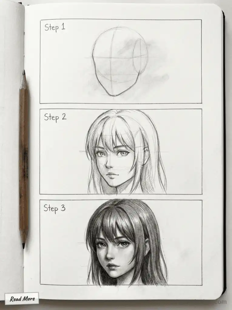 Drawing tutorial in sketchbook: Step-by-step guide for drawing a female face from basic outline to detailed shading.