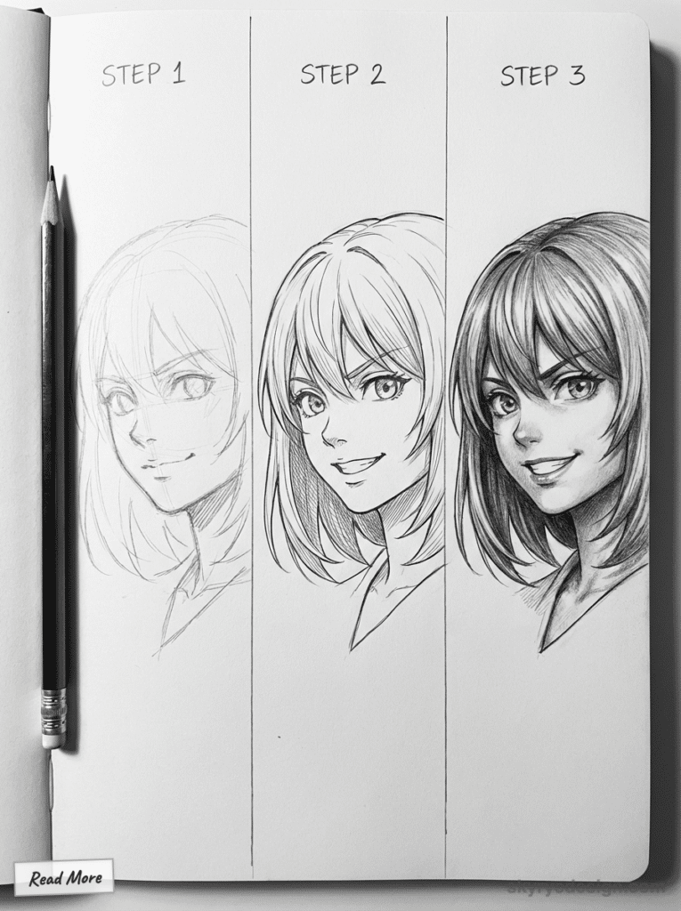 Step-by-step guide to drawing a female anime character, from sketch to shaded final artwork in three stages, with pencil on
