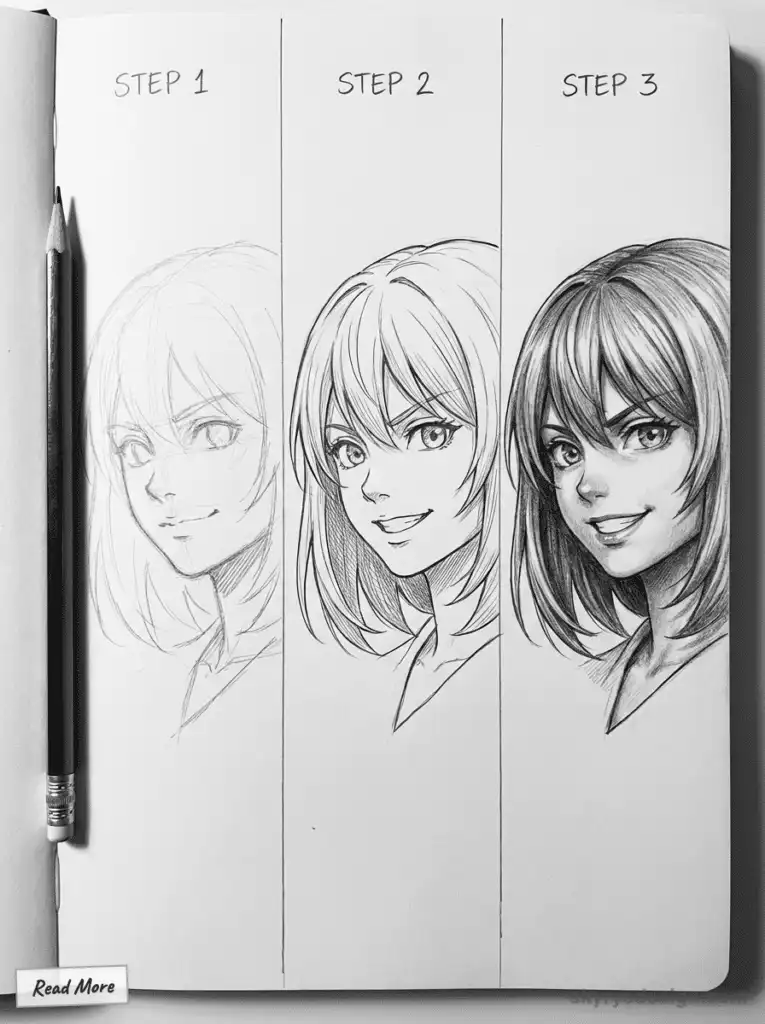 Step-by-step guide to drawing a female anime character, from sketch to shaded final artwork in three stages, with pencil on
