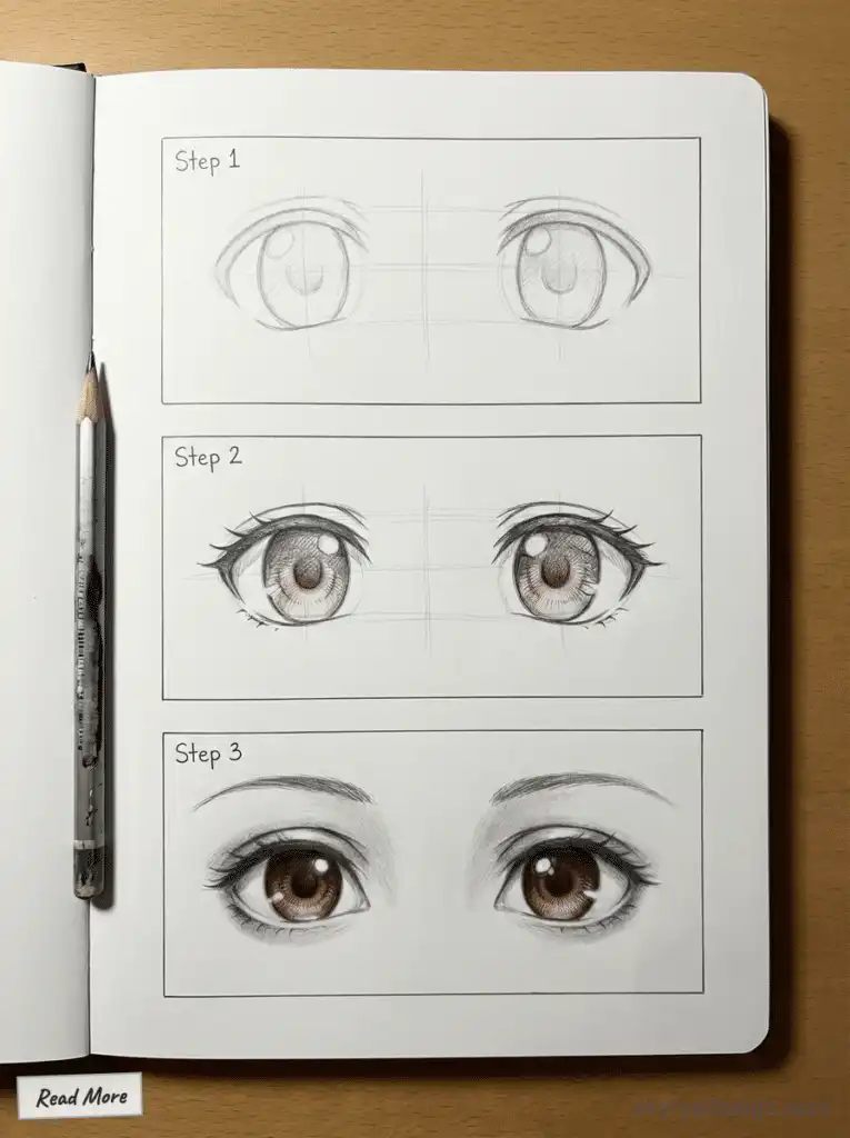 Step-by-step guide to drawing anime eyes, from basic sketch to detailed illustration, with pencil on a notebook page.