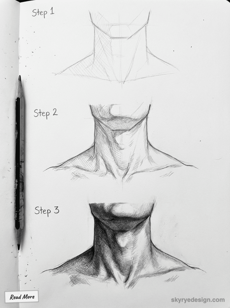 Step-by-step pencil sketch tutorial of a neck, showing progress from basic outline to detailed shading.