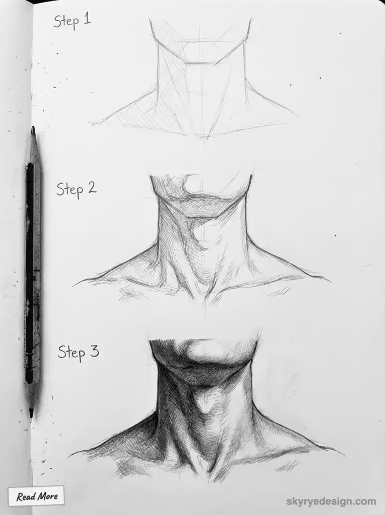 Step-by-step pencil sketch tutorial of a neck, showing progress from basic outline to detailed shading.