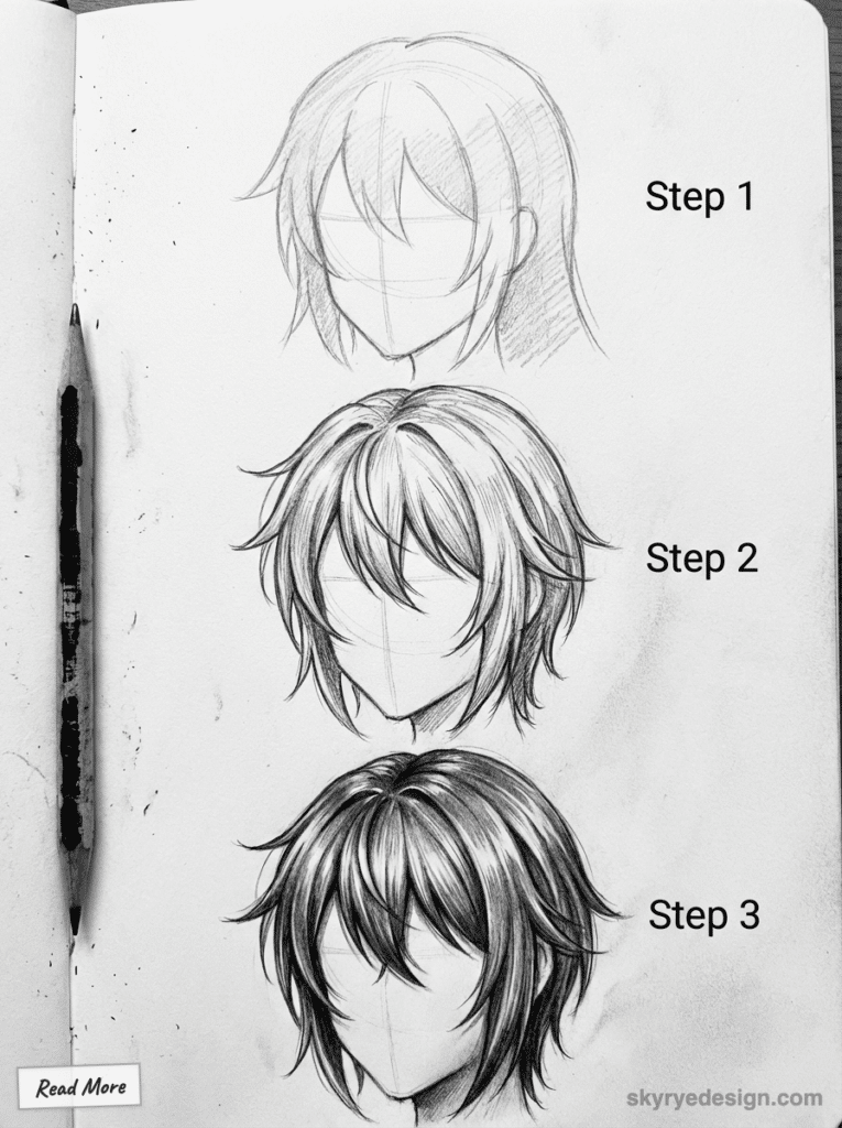Step-by-step guide to drawing anime hair: from sketch to detailed shading, pencil art tutorial on sketchbook page.