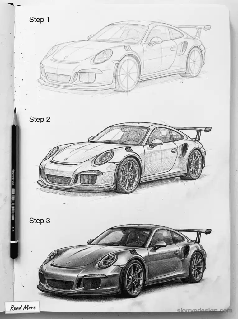 Step-by-step drawing of a sports car with a pencil, showing the progression from rough sketch to detailed shading in three