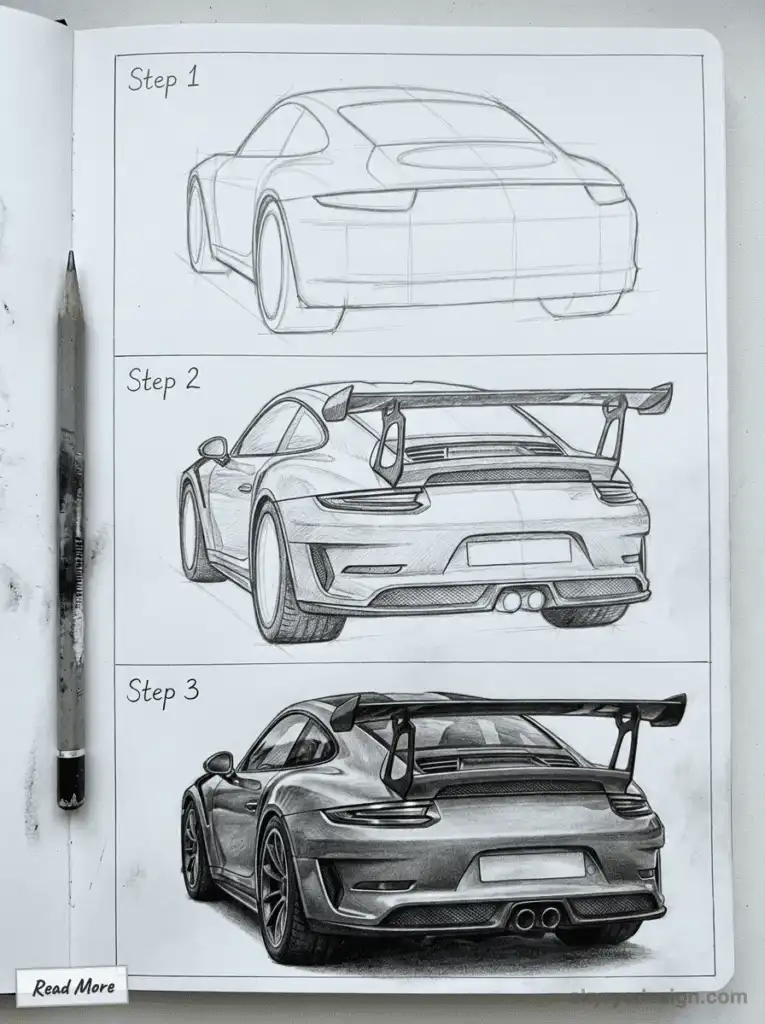 Step-by-step pencil sketch of a car, from basic outlines to detailed shading, showcasing the artistic drawing process.