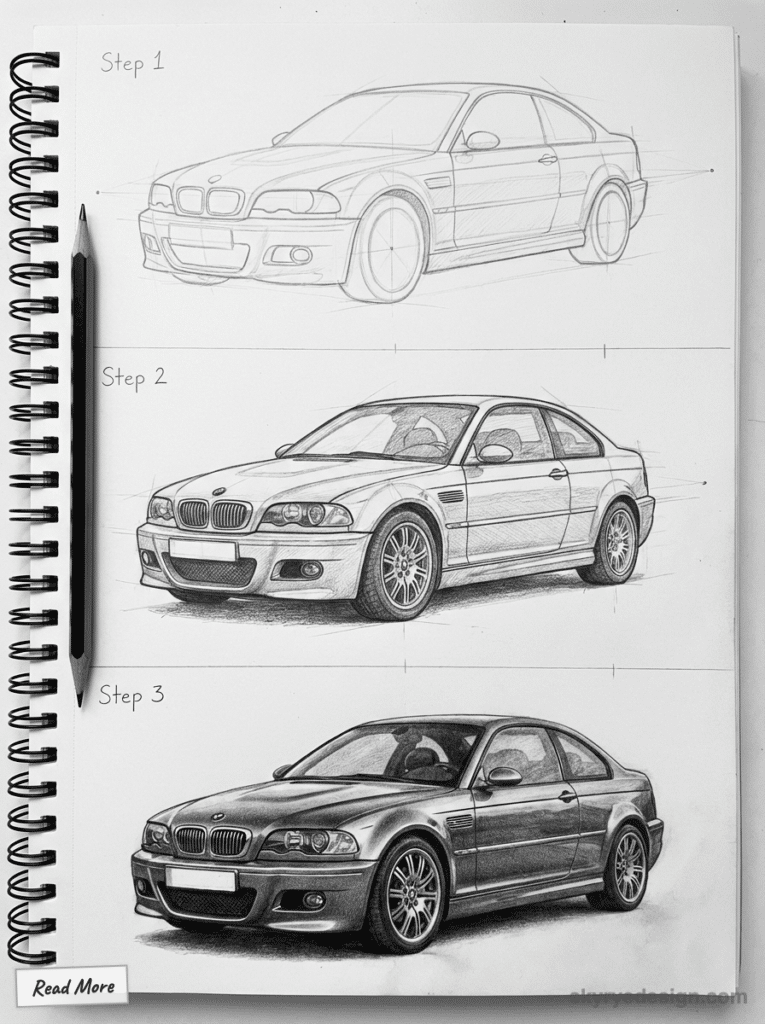Step-by-step car drawing tutorial on a sketchpad, showcasing the progression from rough sketch to detailed illustration.