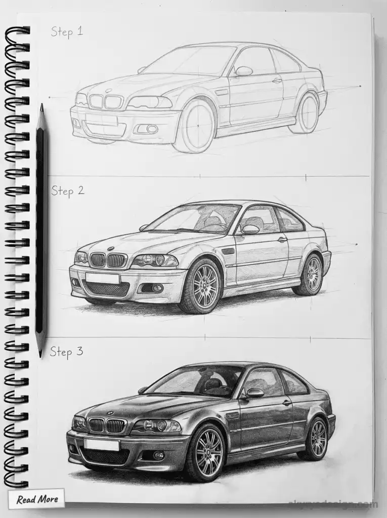 Step-by-step car drawing tutorial on a sketchpad, showcasing the progression from rough sketch to detailed illustration.