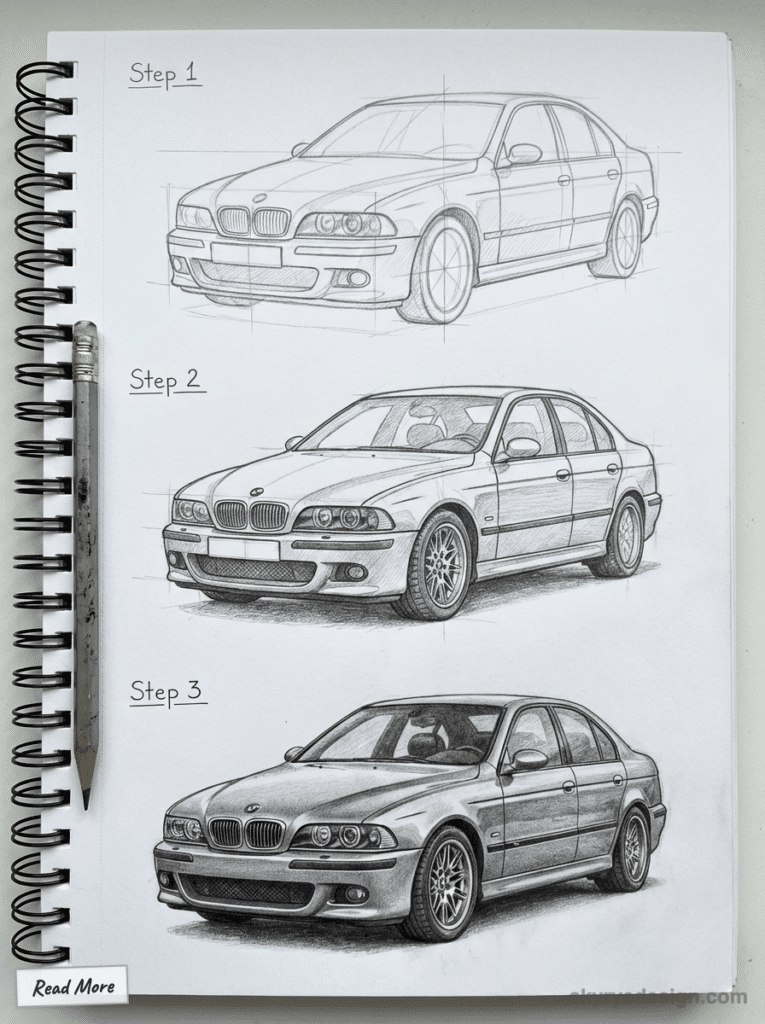 Drawing tutorial of a car in three steps, showcasing progression from sketch to detailed illustration on a spiral notebook.