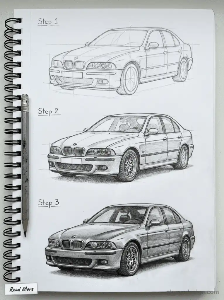 Drawing tutorial of a car in three steps, showcasing progression from sketch to detailed illustration on a spiral notebook.