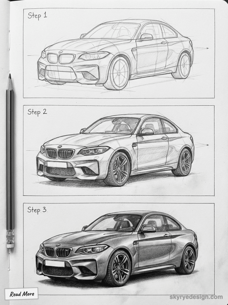 Three-step car drawing process showing the evolution from sketch to realistic rendering of a BMW coupe with pencil detail.