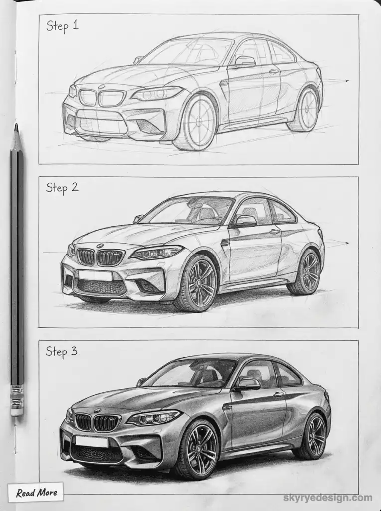 Three-step car drawing process showing the evolution from sketch to realistic rendering of a BMW coupe with pencil detail.