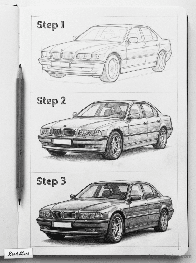 Step-by-step pencil drawing of a car showing detailed shading progress from outline to completed sketch on paper.
