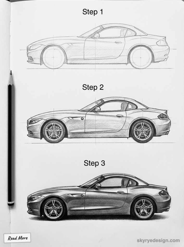 Step-by-step guide to drawing a sports car: outline, refine details, and complete shading for realistic depth.