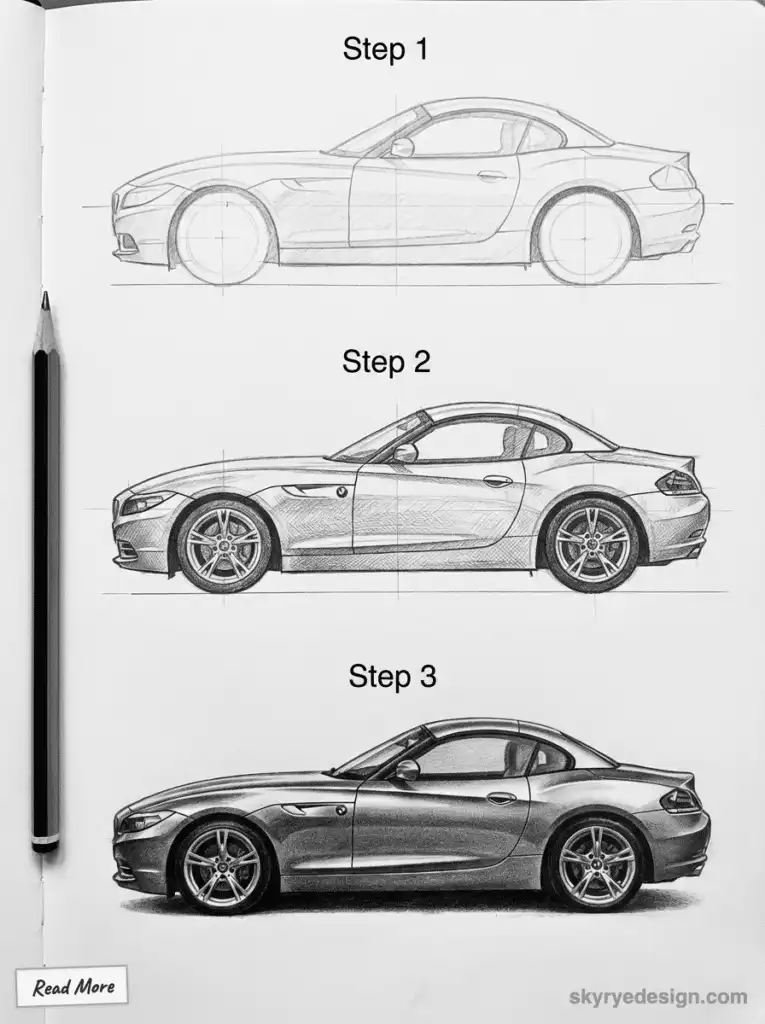 Step-by-step guide to drawing a sports car: outline, refine details, and complete shading for realistic depth.