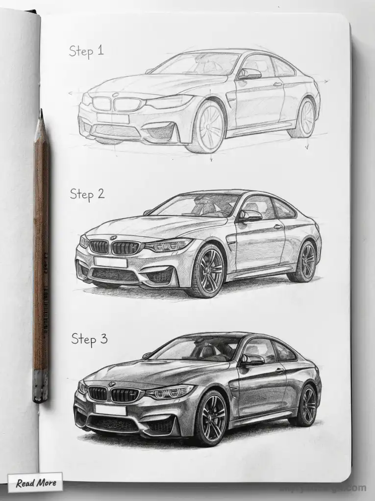 Three-step pencil drawing tutorial of a sporty car, showing detailed progression from sketch to shading on notebook page.