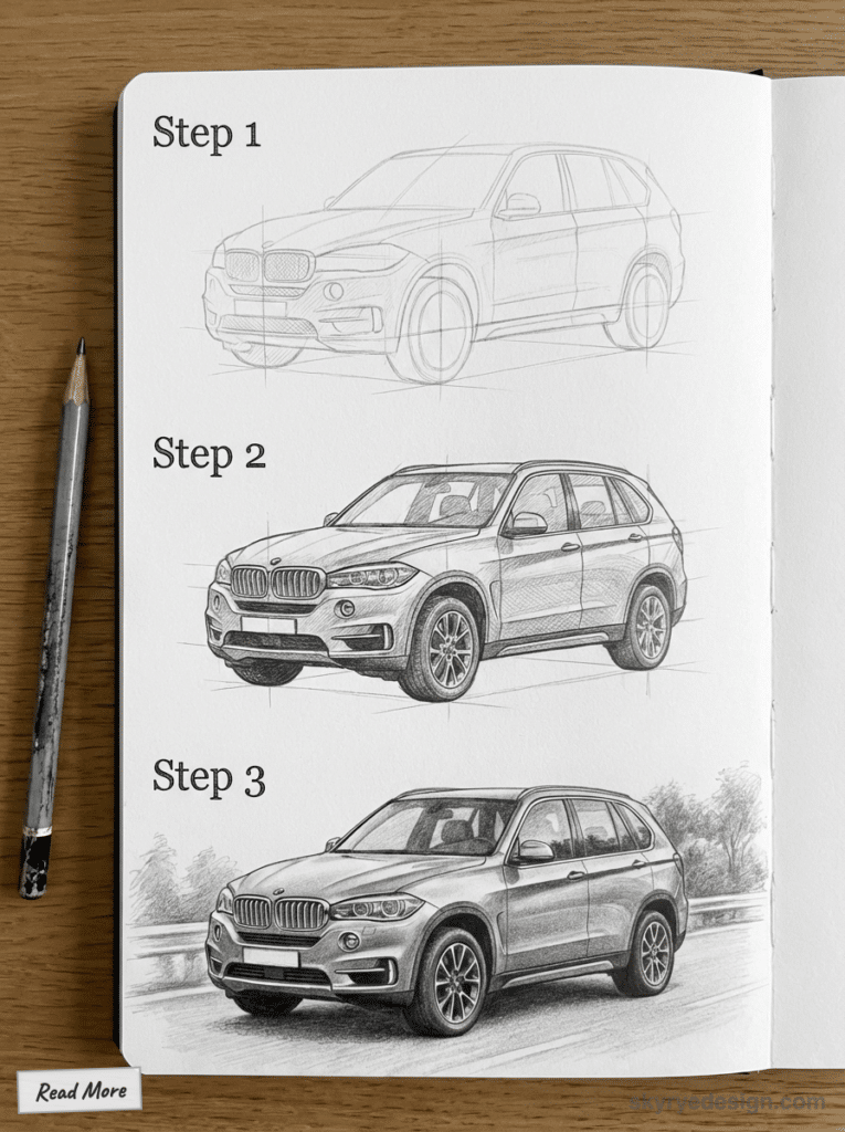 Three-step pencil sketch progression of a car in a notebook: rough outline, detailed drawing, and final shaded vehicle